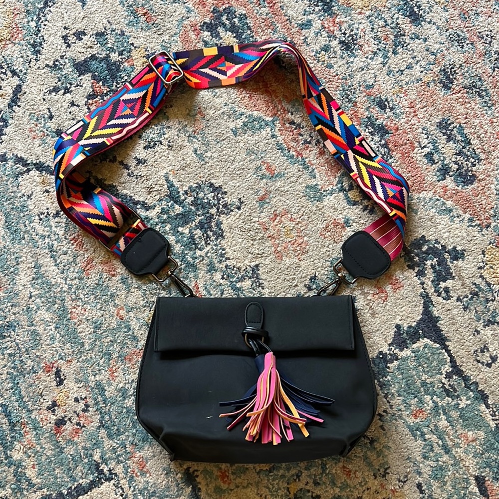 Black crossbody with colorful strap